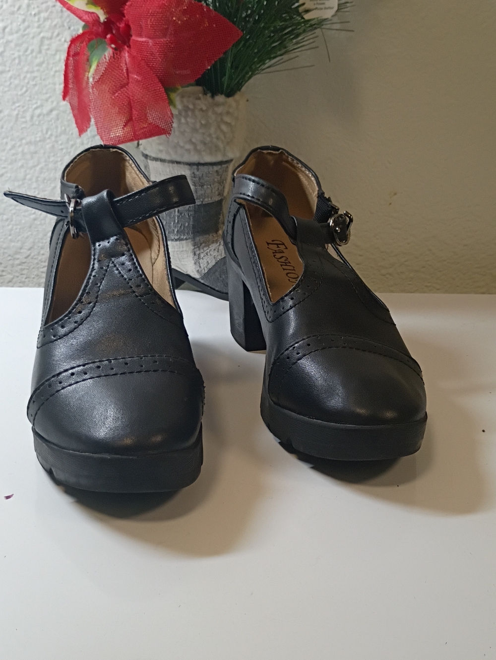 Black T-Strap Chunky Heel Pumps